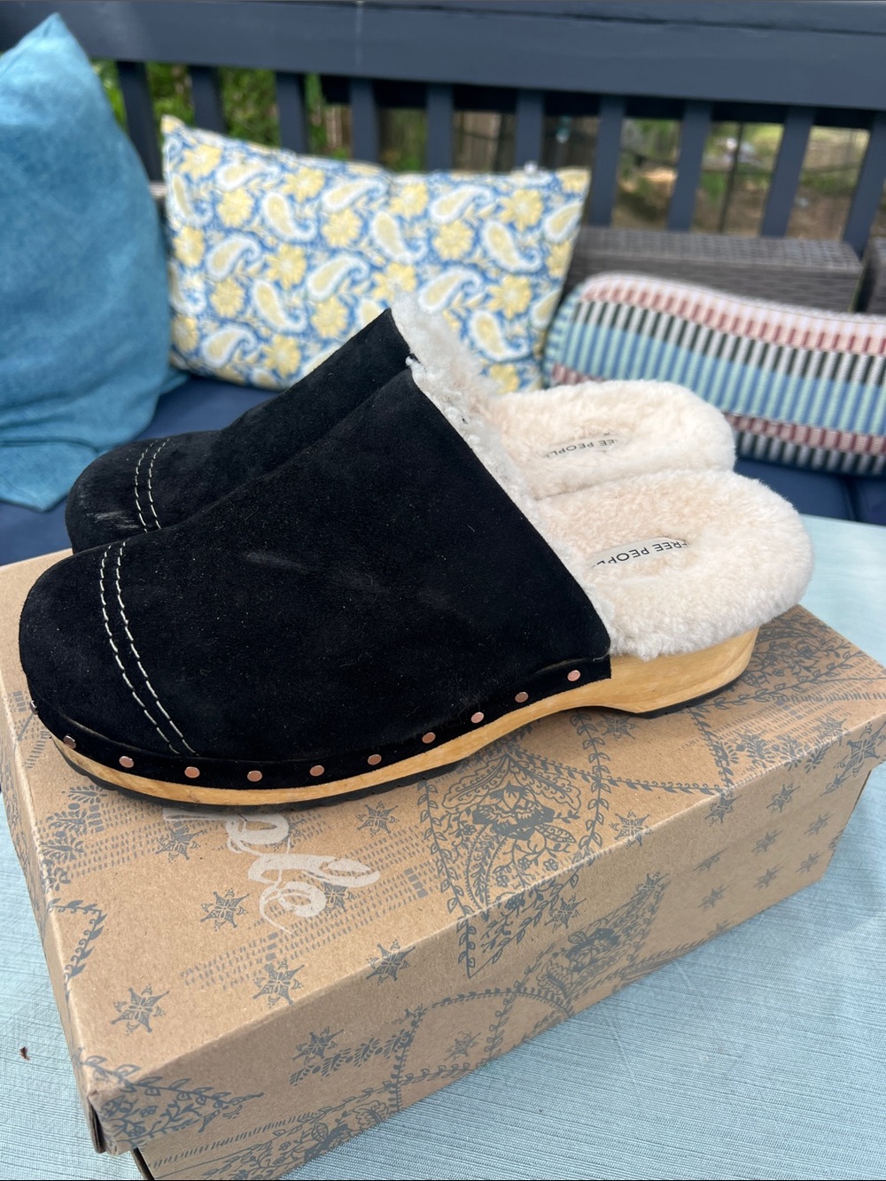 Free People Black Suede Shearling-Lined Clog Mules